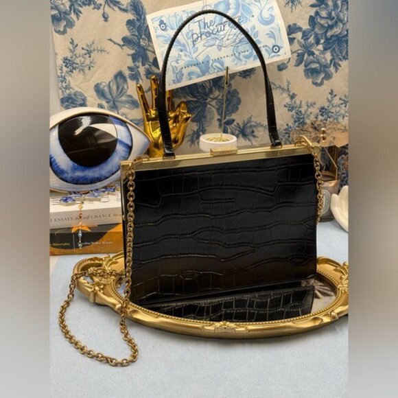 🆕 OROTON 🧿 NWOT Black Icon Frame Croco Clutch - Picture 7 of 16